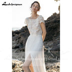 NumberSea Pieces High Split Lace Top Chiffon Wedding Dress O Neck Short Sleeve Bridal Gowns robe de soirée de mariage Lakshmigown