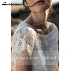 NumberSea Pieces High Split Lace Top Chiffon Wedding Dress O Neck Short Sleeve Bridal Gowns robe de soirée de mariage Lakshmigown