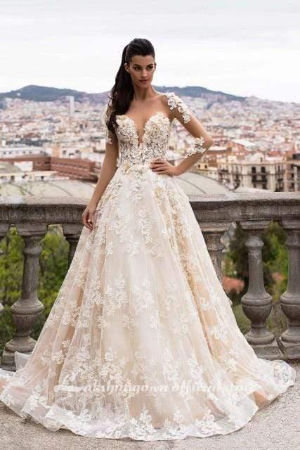 NumberSea 3D Floral Appliques Lace Wedding Dresses Vintage Champagne