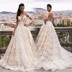 NumberSea 3D Floral Appliques Lace Wedding Dresses Vintage Champagne