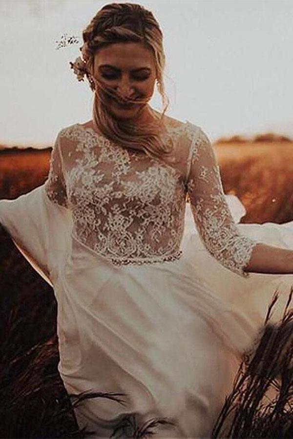 NumberSea A-line 3/4 Sleeves See-through Bodice Wedding Dresses, Bridal Gown, MW831