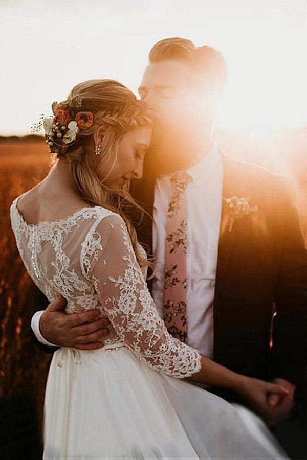 NumberSea A-line 3/4 Sleeves See-through Bodice Wedding Dresses, Bridal Gown, MW831