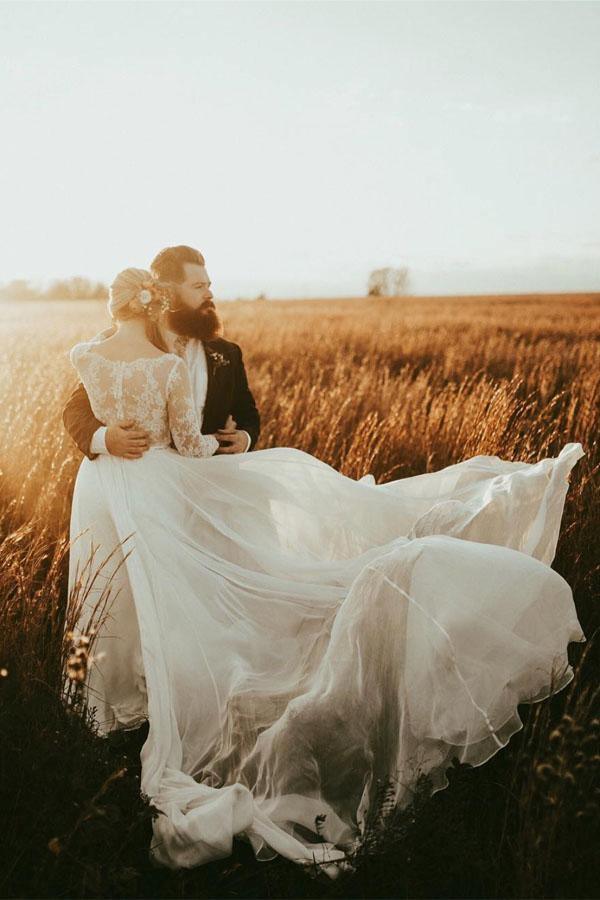 NumberSea A-line 3/4 Sleeves See-through Bodice Wedding Dresses, Bridal Gown, MW831