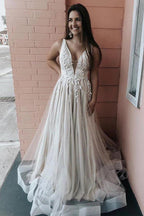 NumberSea A-Line Appliqued V-neck Satin and Tulle Ivory Bridal Gown Wedding Dress,MW353