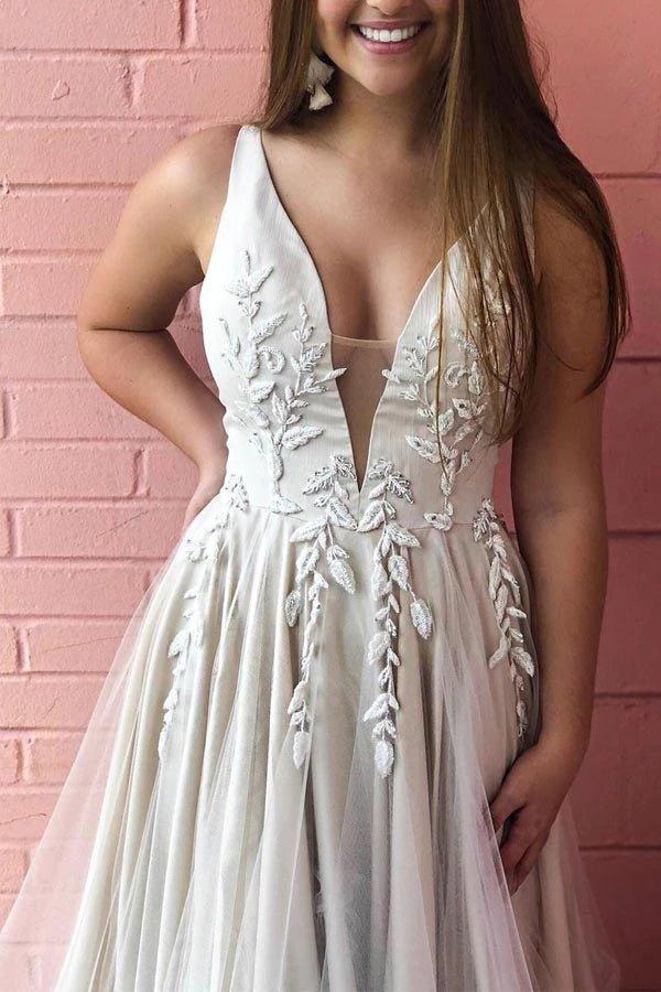 NumberSea A-Line Appliqued V-neck Satin and Tulle Ivory Bridal Gown Wedding Dress,MW353