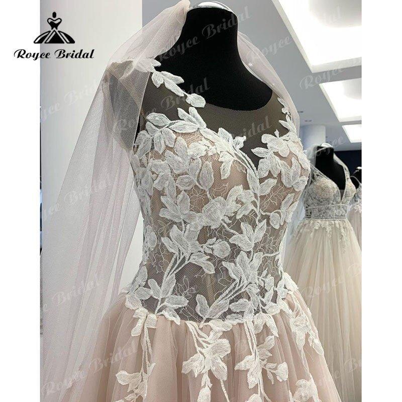 NumberSea A Line Boho Scoop Wedding Dress Lace Appliques Sleeveless Light Champagne Court Train 2025 Wedding Gown Robe Mariage Femme Beach