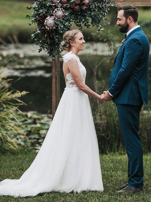NumberSea A-Line Jewel Sweep Train White Tulle Wedding Dress With Appliques,MW428