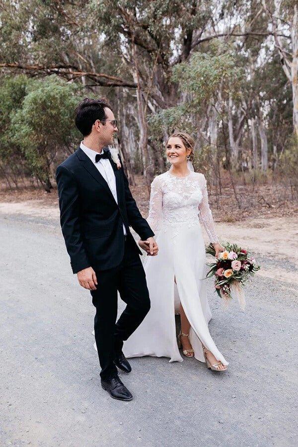 NumberSea A-line Lace Long Sleeves Round Neck Slit Wedding Dress, Wedding Gowns, MW762