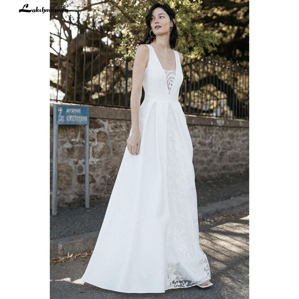 NumberSea A Line Lace Sleeveless Beach Boho Romantic Wedding Dresses