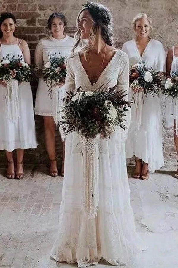 NumberSea A-line Long Sleeve Deep V-neck Lace Backless Wedding Dresses Long Bridal Dresses,MW343