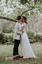 NumberSea A-line Long Sleeve Deep V-neck Lace Backless Wedding Dresses Long Bridal Dresses,MW343