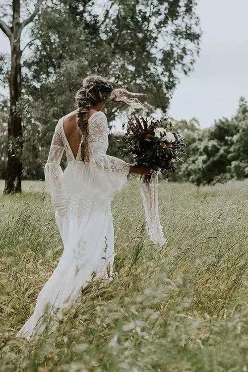 NumberSea A-line Long Sleeve Deep V-neck Lace Backless Wedding Dresses Long Bridal Dresses,MW343