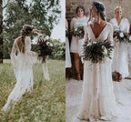 NumberSea A-line Long Sleeve Deep V-neck Lace Backless Wedding Dresses Long Bridal Dresses,MW343