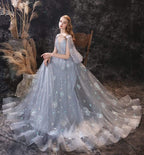 NumberSea A Line Long Sleeve V Neck Lace Backless Light Blue Flowers Wedding Dresses