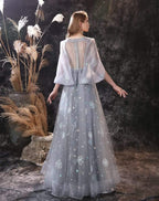 NumberSea A Line Long Sleeve V Neck Lace Backless Light Blue Flowers Wedding Dresses