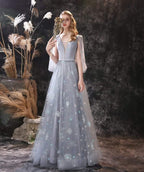 NumberSea A Line Long Sleeve V Neck Lace Backless Light Blue Flowers Wedding Dresses