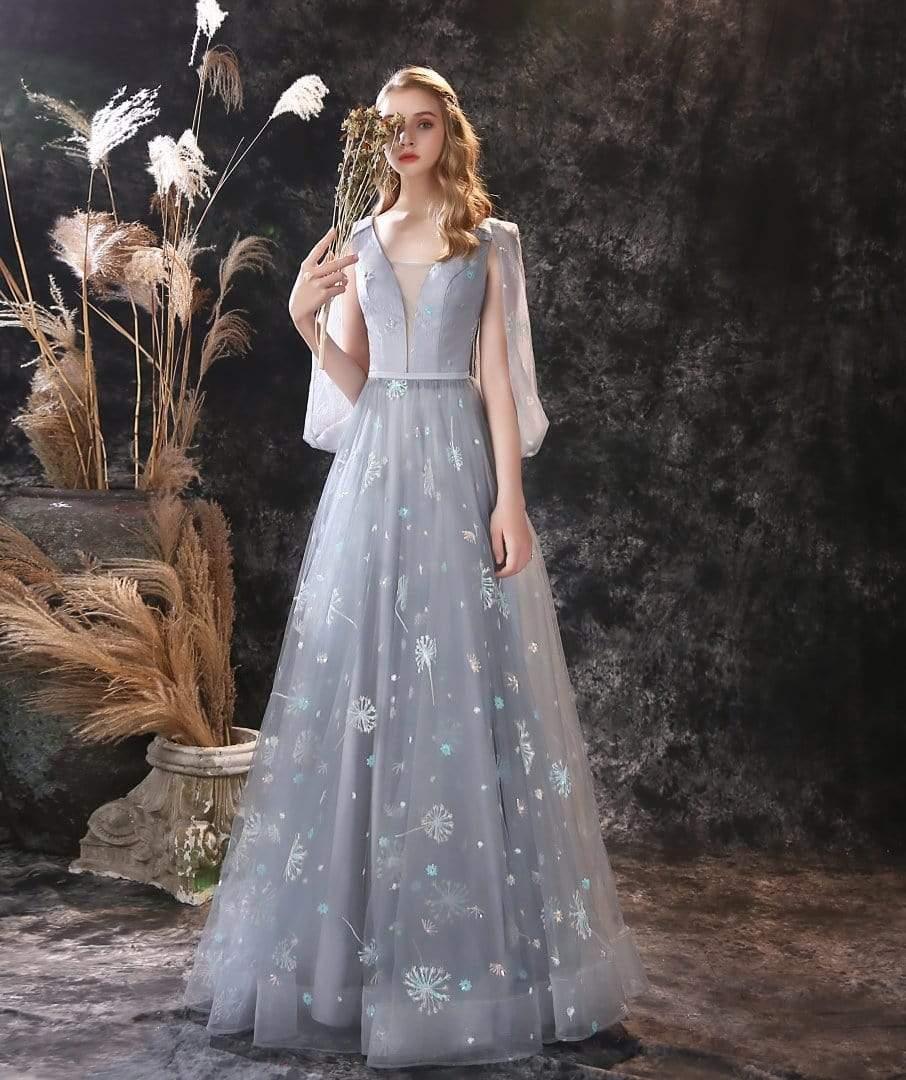 NumberSea A Line Long Sleeve V Neck Lace Backless Light Blue Flowers Wedding Dresses
