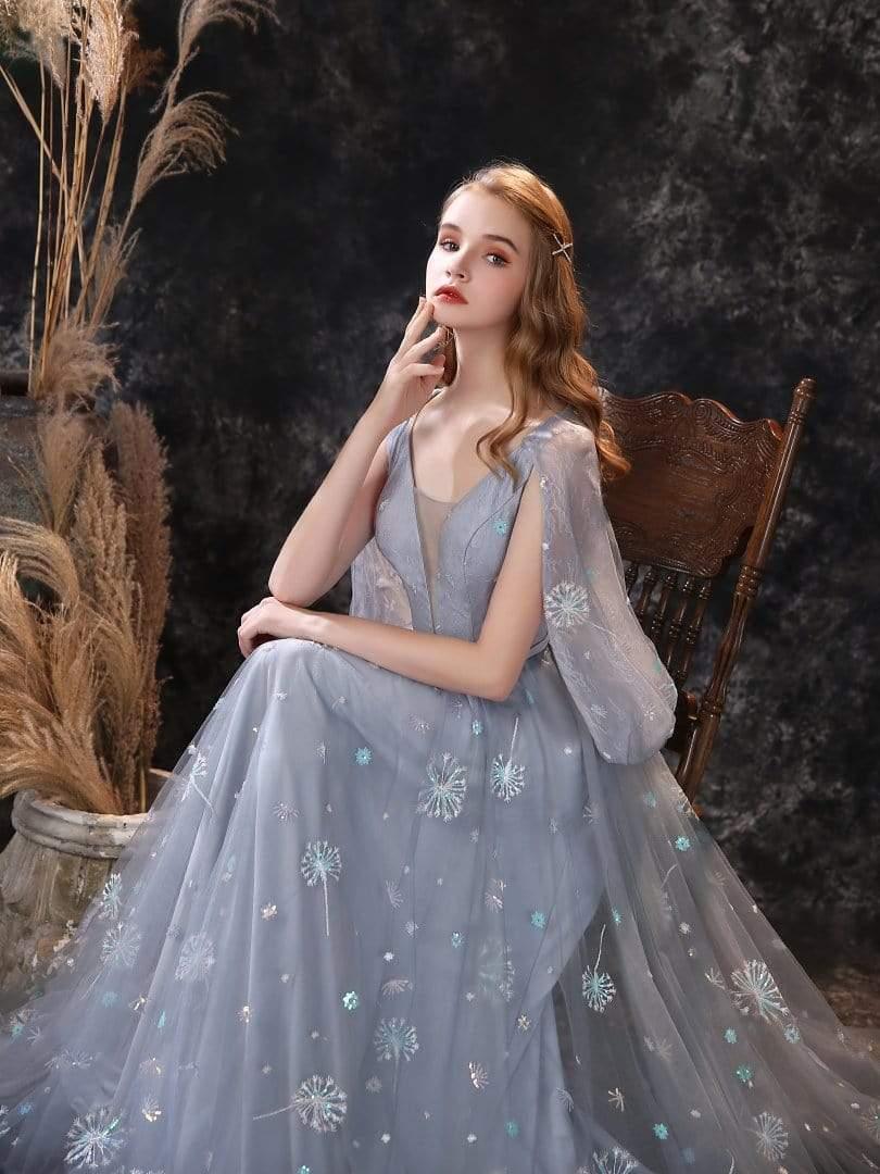 NumberSea A Line Long Sleeve V Neck Lace Backless Light Blue Flowers Wedding Dresses