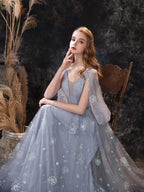 NumberSea A Line Long Sleeve V Neck Lace Backless Light Blue Flowers Wedding Dresses