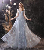NumberSea A Line Long Sleeve V Neck Lace Backless Light Blue Flowers Wedding Dresses