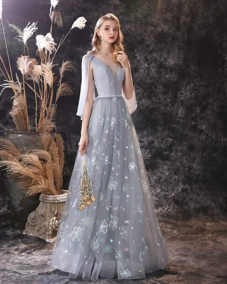 NumberSea A Line Long Sleeve V Neck Lace Backless Light Blue Flowers Wedding Dresses