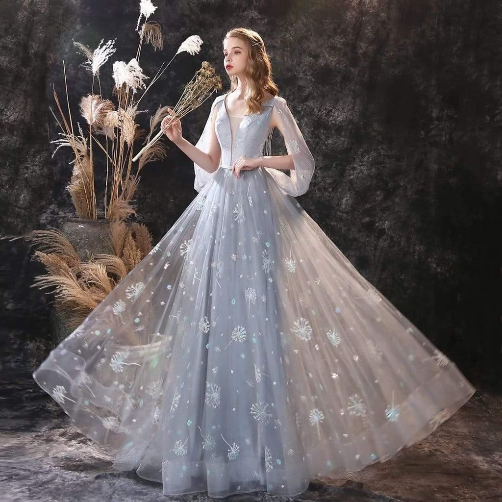 NumberSea A Line Long Sleeve V Neck Lace Backless Light Blue Flowers Wedding Dresses