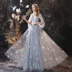 NumberSea A Line Long Sleeve V Neck Lace Backless Light Blue Flowers Wedding Dresses