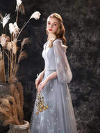 NumberSea A Line Long Sleeve V Neck Lace Backless Light Blue Flowers Wedding Dresses