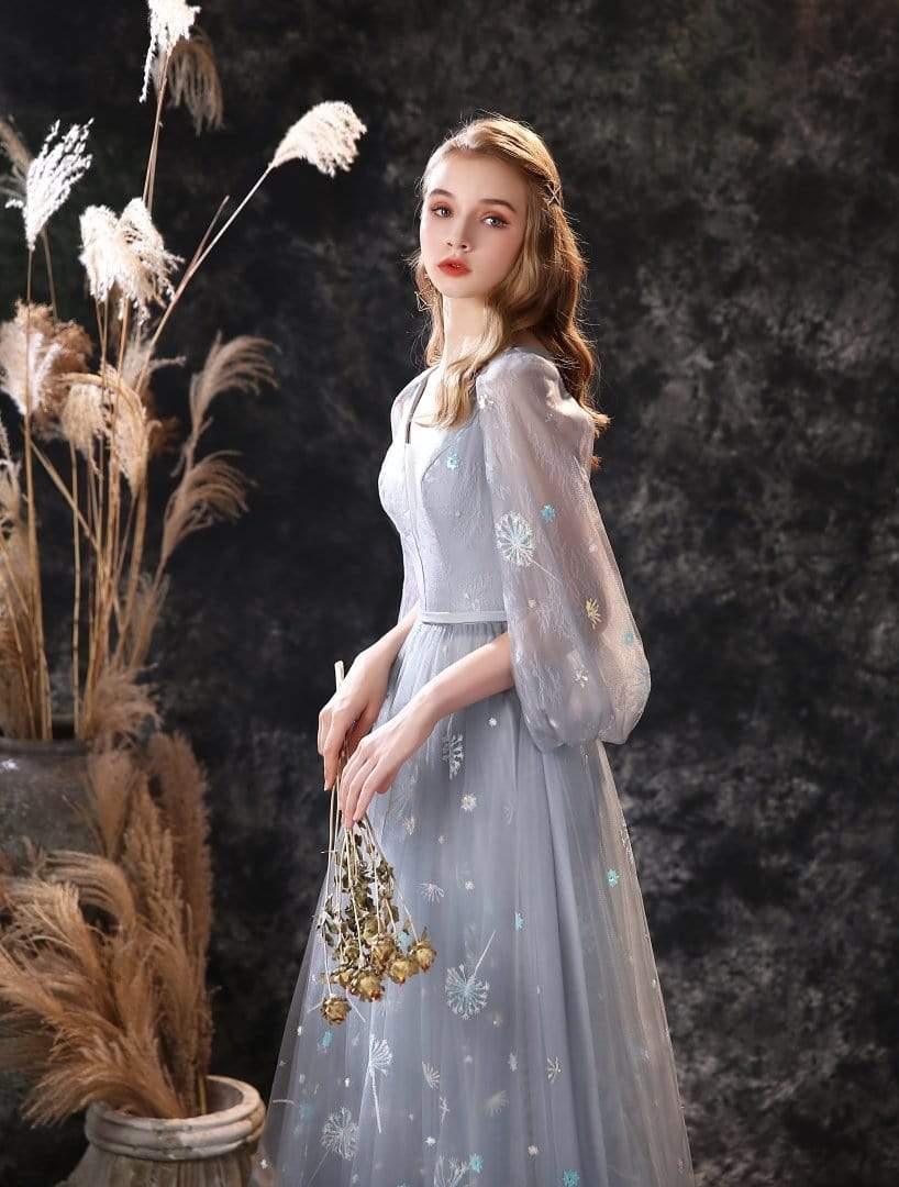 NumberSea A Line Long Sleeve V Neck Lace Backless Light Blue Flowers Wedding Dresses