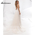 NumberSea A Line Long Sleeve V Neck Lace Backless Wedding Dresses