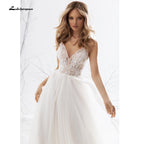 NumberSea A Line Long Sleeve V Neck Lace Backless Wedding Dresses