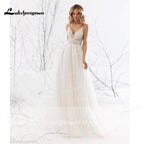 NumberSea A Line Long Sleeve V Neck Lace Backless Wedding Dresses
