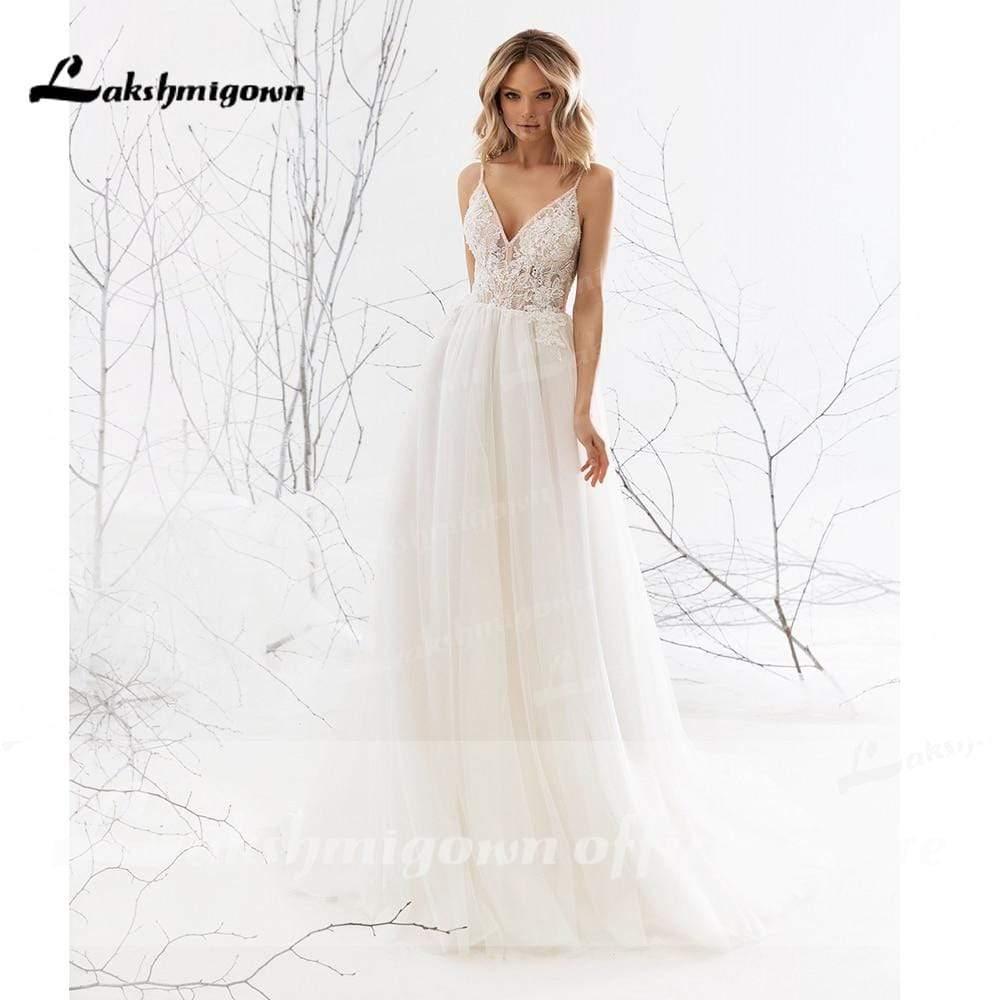 NumberSea A Line Long Sleeve V Neck Lace Backless Wedding Dresses