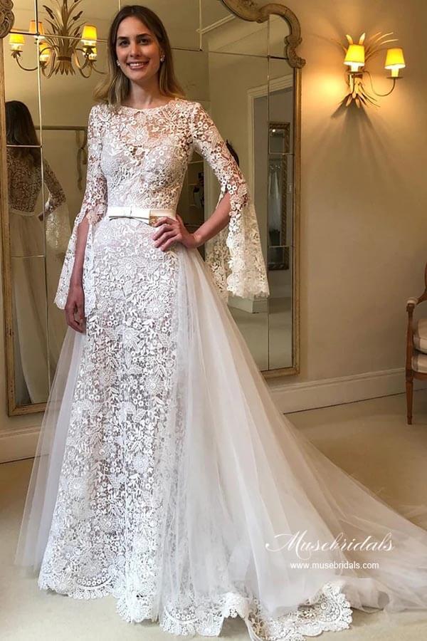 NumberSea A-line Long Sleeves Floral Lace Wedding Dresses With Detachable Train, MW953