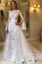 NumberSea A-line Long Sleeves Floral Lace Wedding Dresses With Detachable Train, MW953
