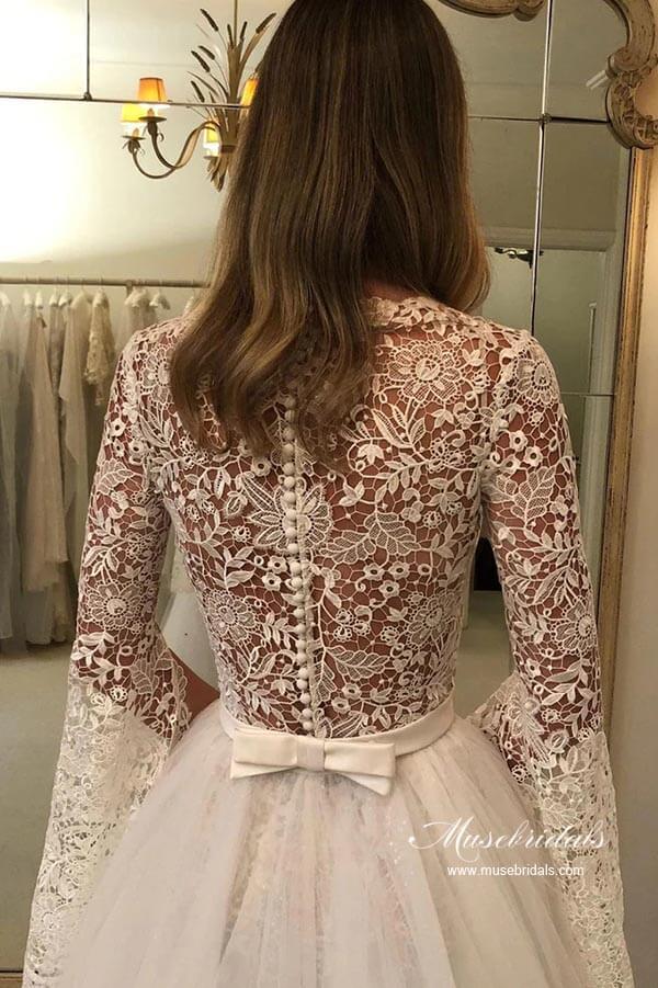 NumberSea A-line Long Sleeves Floral Lace Wedding Dresses With Detachable Train, MW953