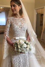 NumberSea A-line Long Sleeves Floral Lace Wedding Dresses With Detachable Train, MW953