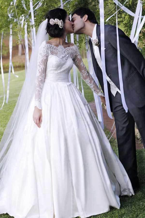 NumberSea A-line Off Shoulder Long Sleeves Satin Lace Wedding Dresses, Bridal Gown, MW790