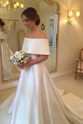 NumberSea A-line Off Shoulder Simple Satin Long Bridal Gown, Hot Wedding Dresses, MW256