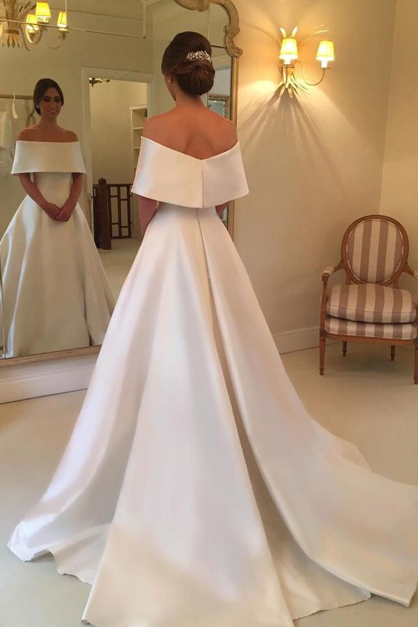 NumberSea A-line Off Shoulder Simple Satin Long Bridal Gown, Hot Wedding Dresses, MW256