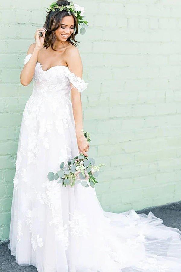 NumberSea A-line Off-the-shoulder Applique Court Train Rustic Wedding Dress,MW506
