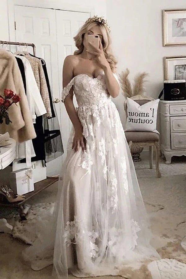 NumberSea A-line Off-the-shoulder Applique Court Train Rustic Wedding Dress,MW506
