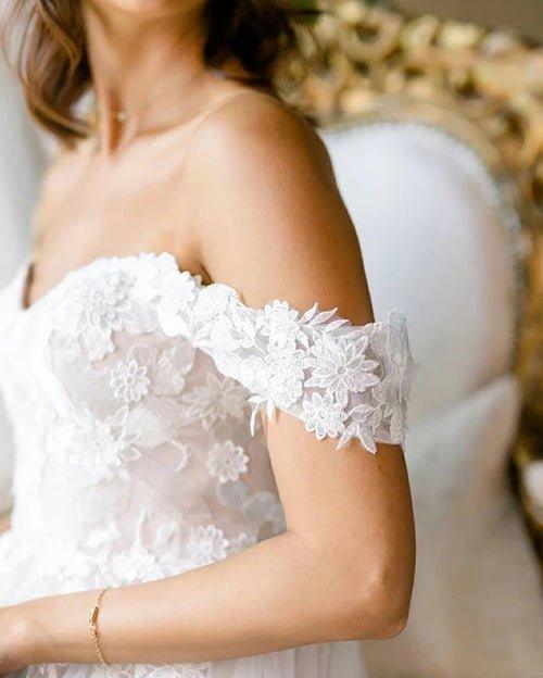 NumberSea A-line Off-the-shoulder Applique Court Train Rustic Wedding Dress,MW506