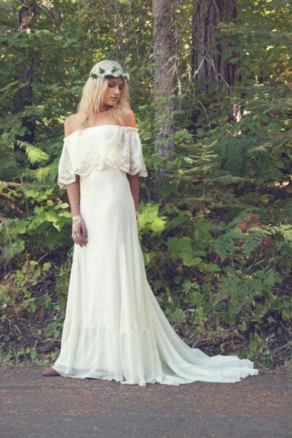 NumberSea A-line Off the Shoulder Bohemian Lace Chiffon Ivory Summer Beach Wedding Dresses,MW344