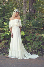 NumberSea A-line Off the Shoulder Bohemian Lace Chiffon Ivory Summer Beach Wedding Dresses,MW344