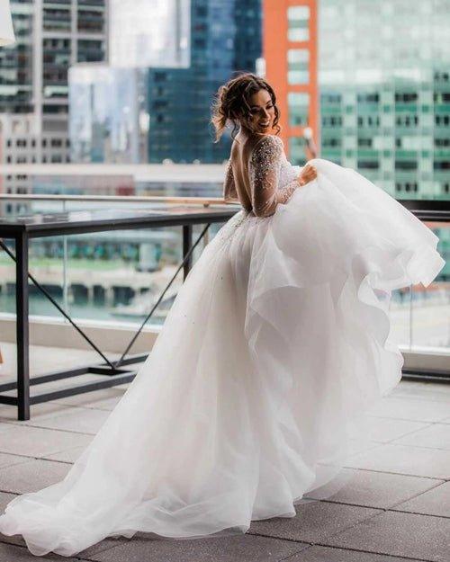 NumberSea A-Line Scoop Long Sleeve Pearl Princess Wedding Dress With Backless,MW389