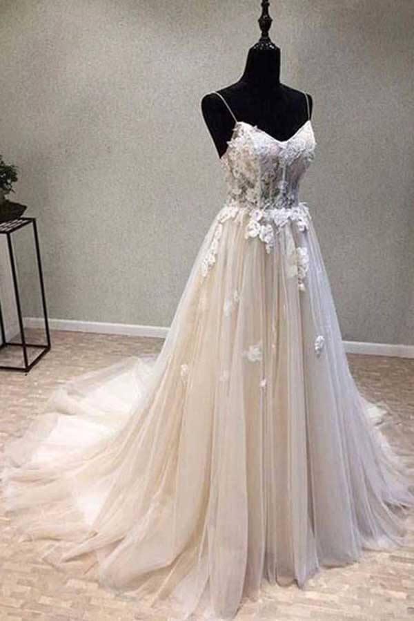 NumberSea A-line Spaghetti Straps Wedding Dress with Lace Appliques, Wedding Gown, MW727