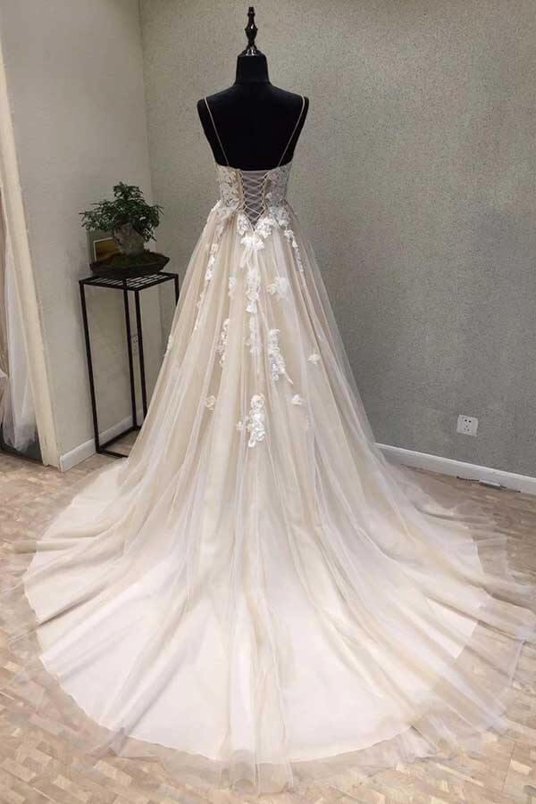 NumberSea A-line Spaghetti Straps Wedding Dress with Lace Appliques, Wedding Gown, MW727