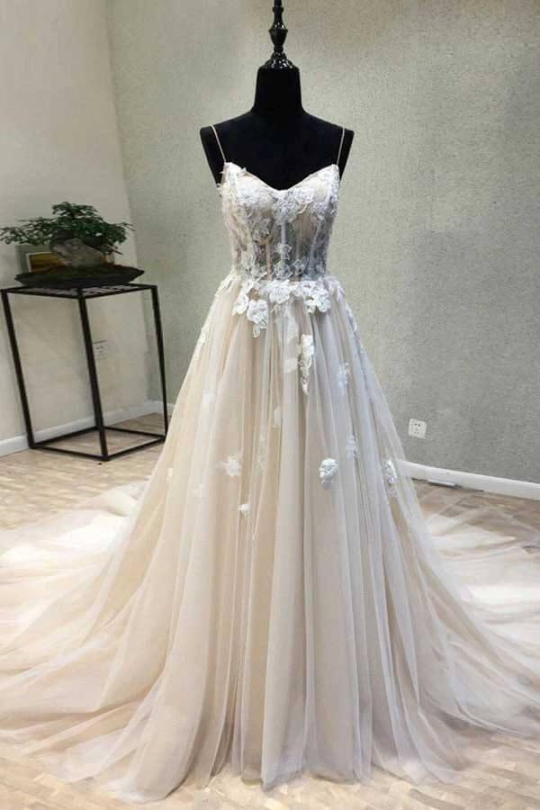 NumberSea A-line Spaghetti Straps Wedding Dress with Lace Appliques, Wedding Gown, MW727