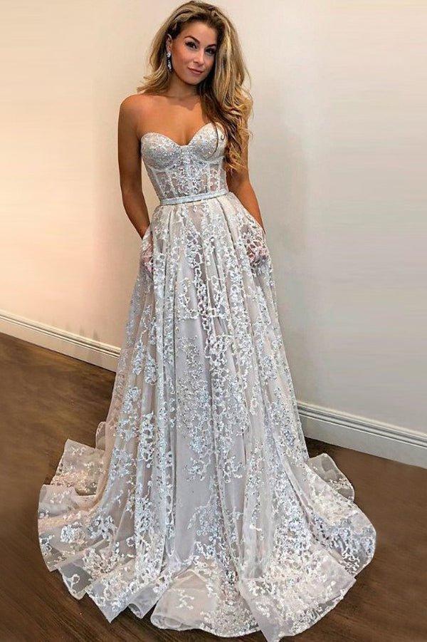 NumberSea A-line Sweetheart Strapless Sweep Train Lace Pockets Wedding Dress with Sequins,MW342